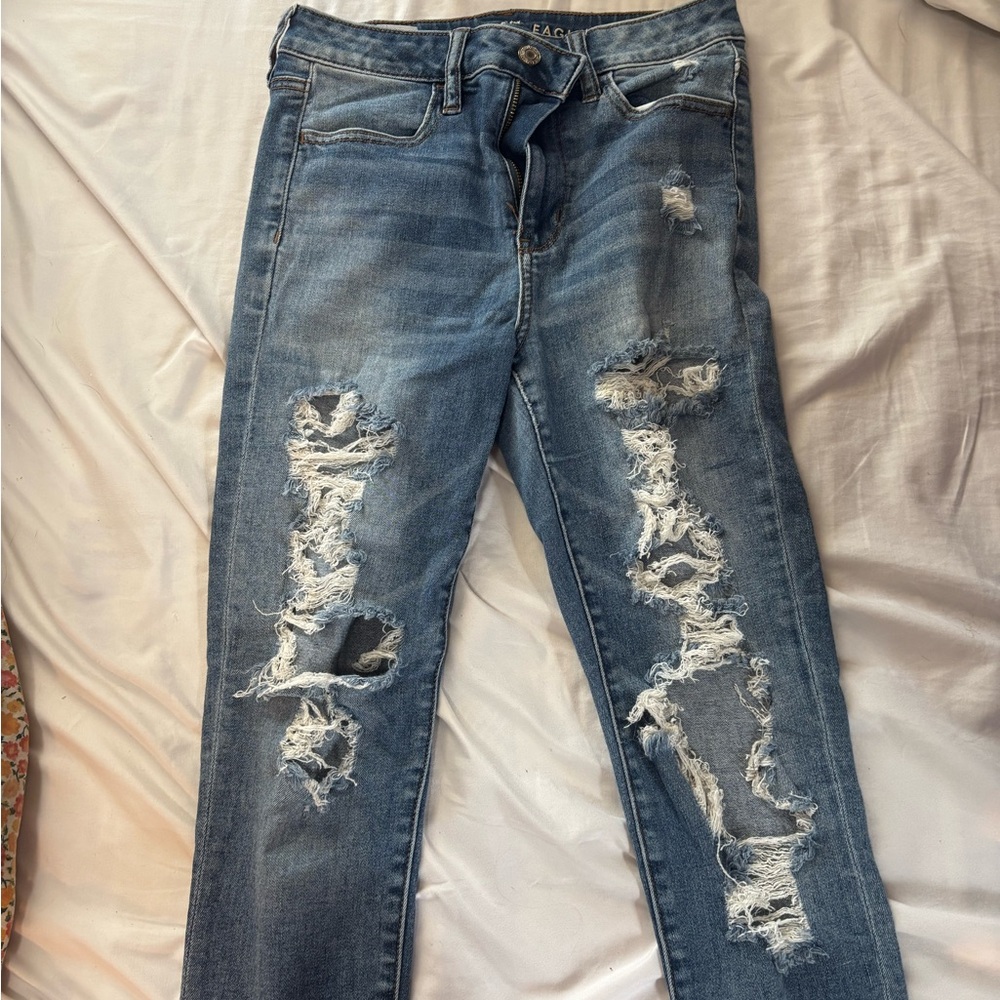 American Eagle Outfitters Blue Skinny Jeans with Distressed Design